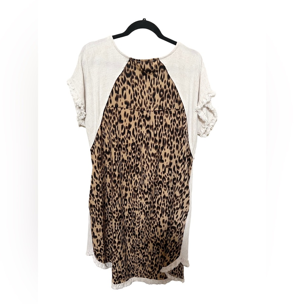 Umgee XL Leopard Back Linen Hi Low Dress Raw Fringe Hem Beach Boho Vacay Women - Picture 4 of 11